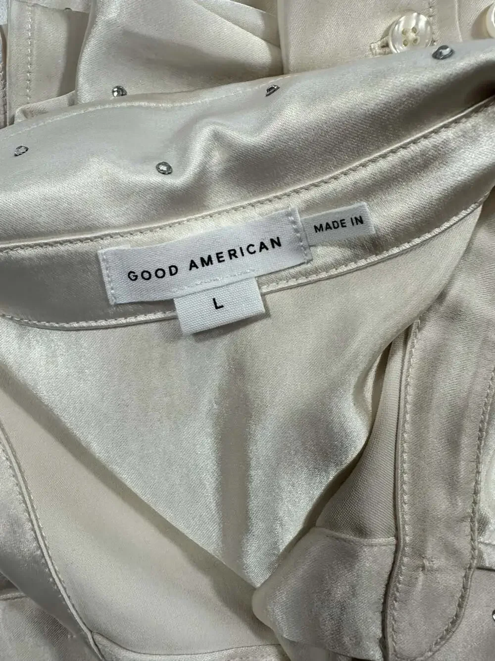 Good American Crystal Embellished Cropped Satin Shirt Cloud White Large - Picture 11 of 12
